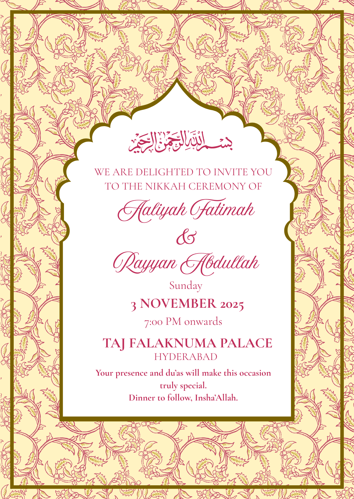 nikkah invitation | editable islamic wedding card | elegant gold & maroon floral design